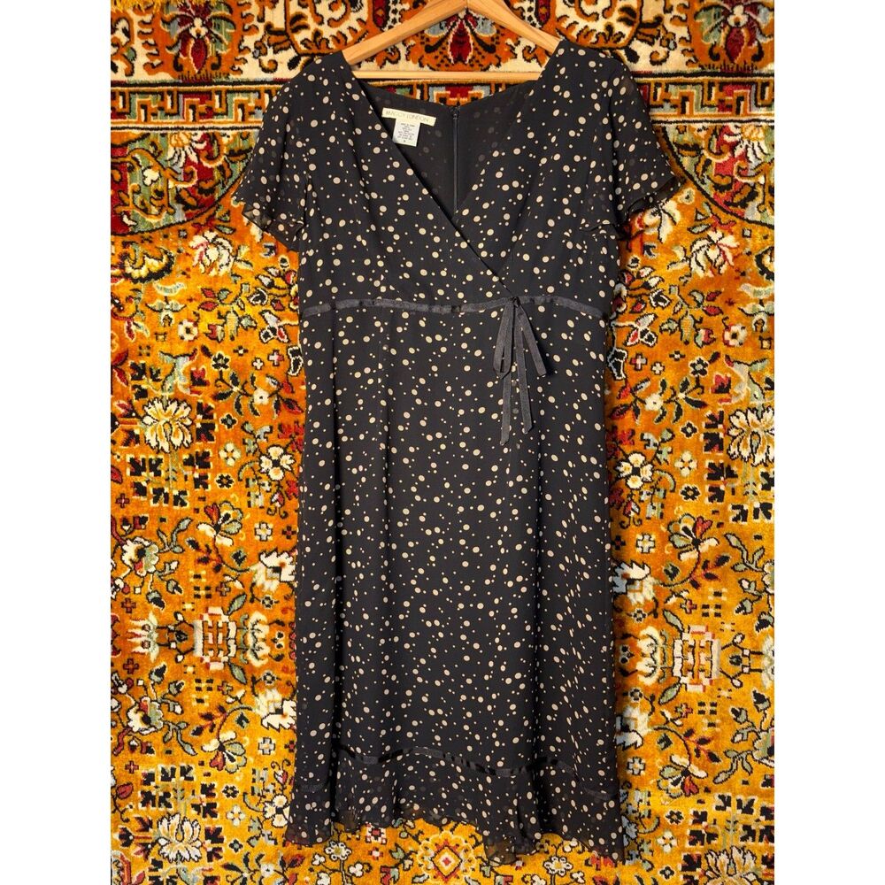 Vintage 100% Silk Black Cream Polka Dot Flutter Sleeve Midi Dress Size 8